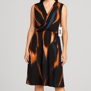 DKNY Black, Teal, and brown Patterned Midi Dress